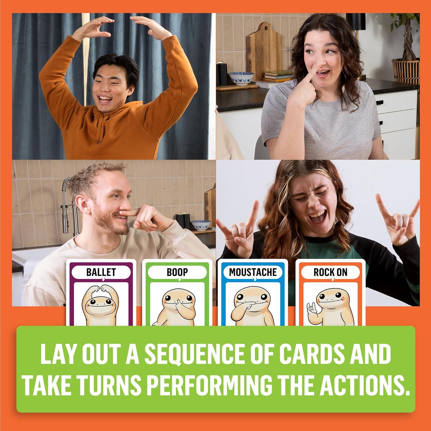Collage of people performing actions with cards labeled 'Ballet', 'Boop', 'Moustache', and 'Rock on' against an orange background.