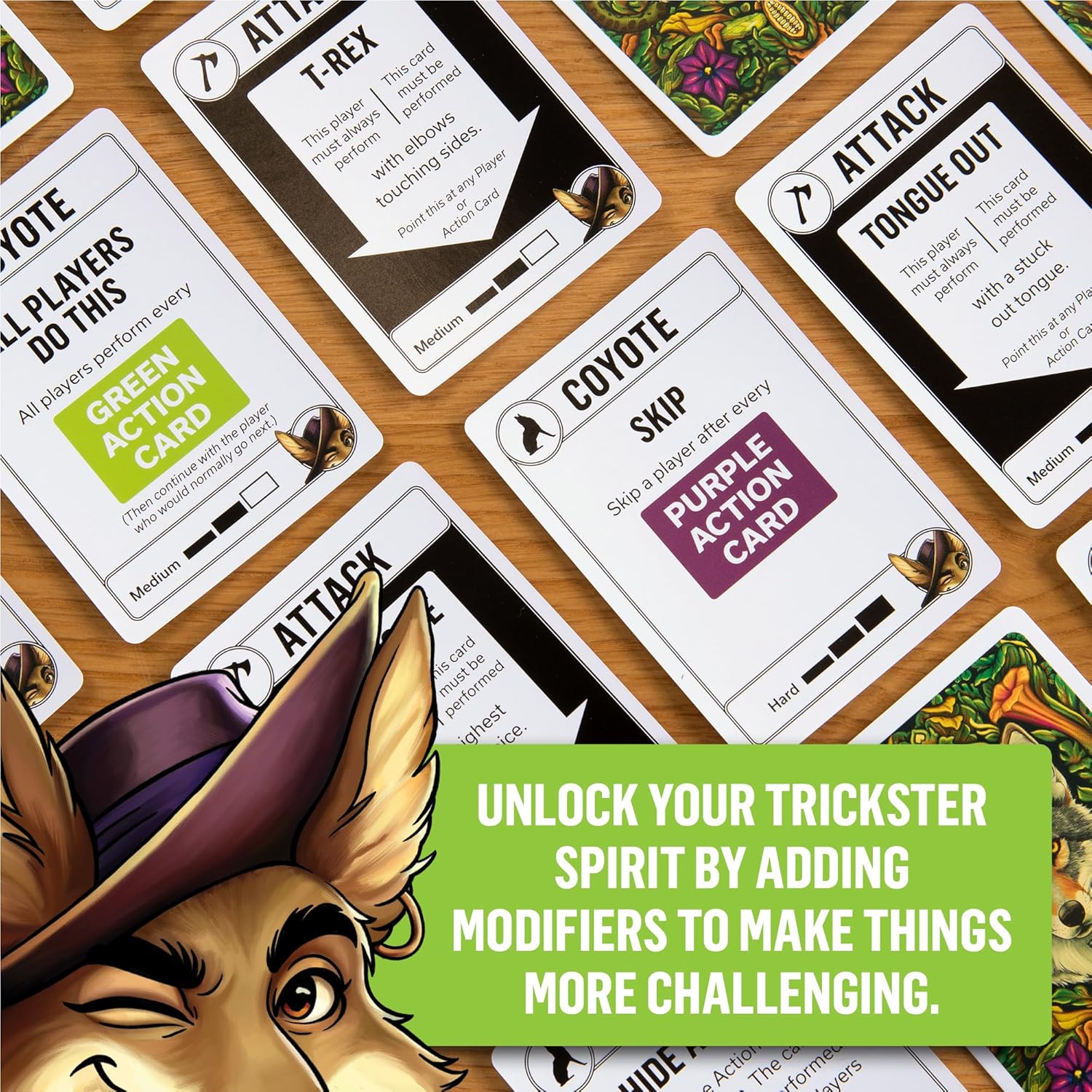 Card game with various cards on a wooden surface, featuring text and graphics.