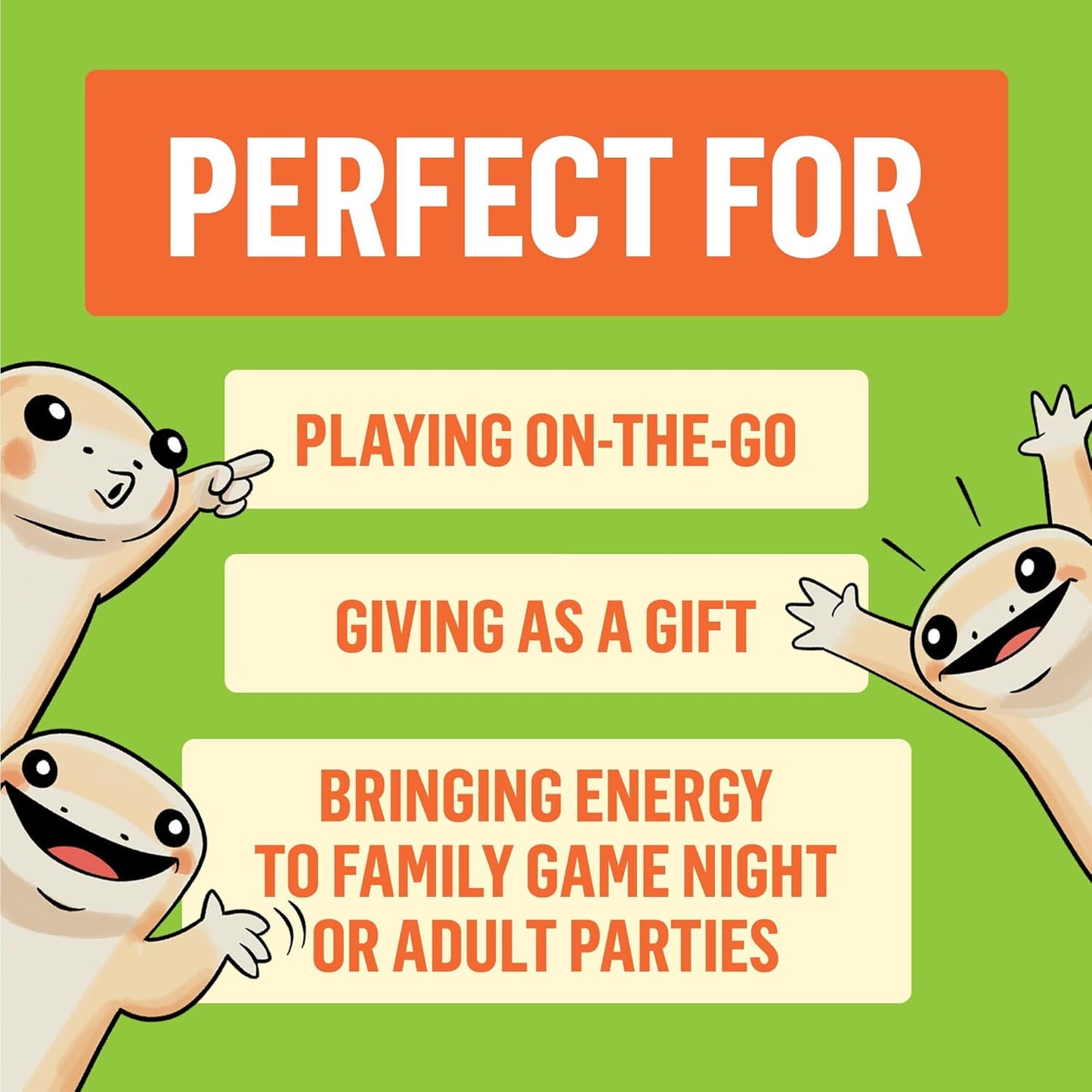 Promotional text for a product or game, with cartoon characters on a green background.