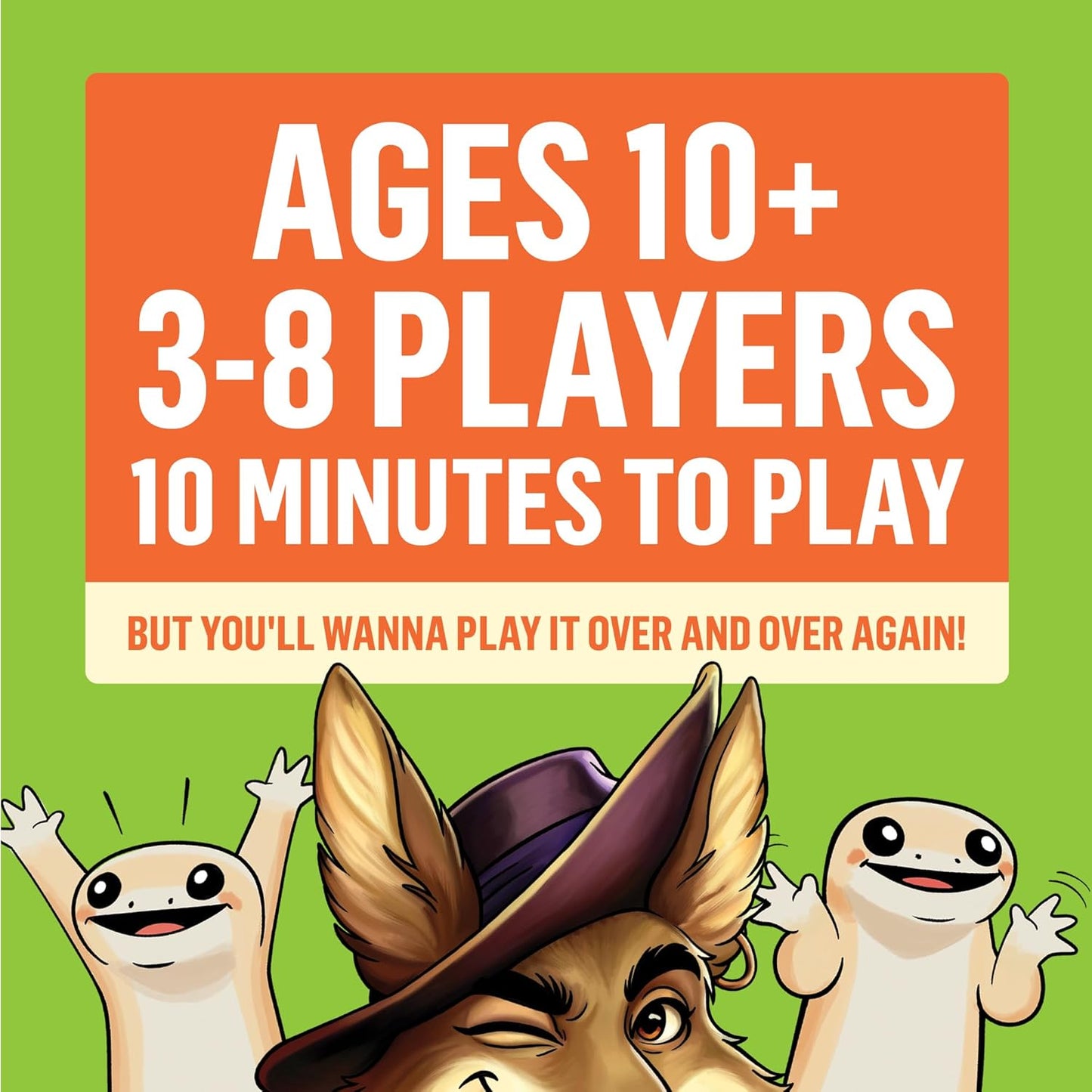 Game box with cartoon characters and text about age range, player count, and play time on a green background.
