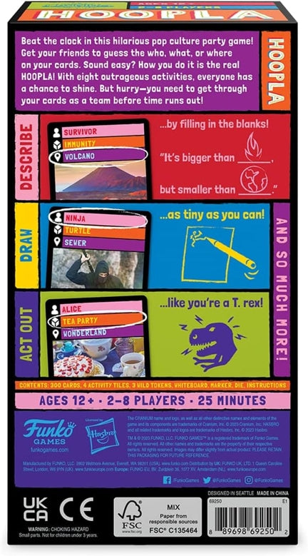 Back of a Hoopla party game box with colourful text and graphics.