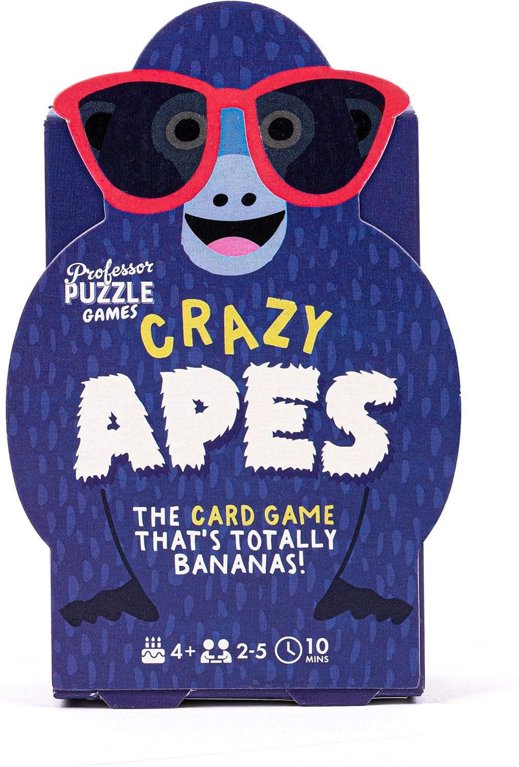 Card game packaging for 'Crazy Apes' with a monkey character wearing sunglasses on a blue background.