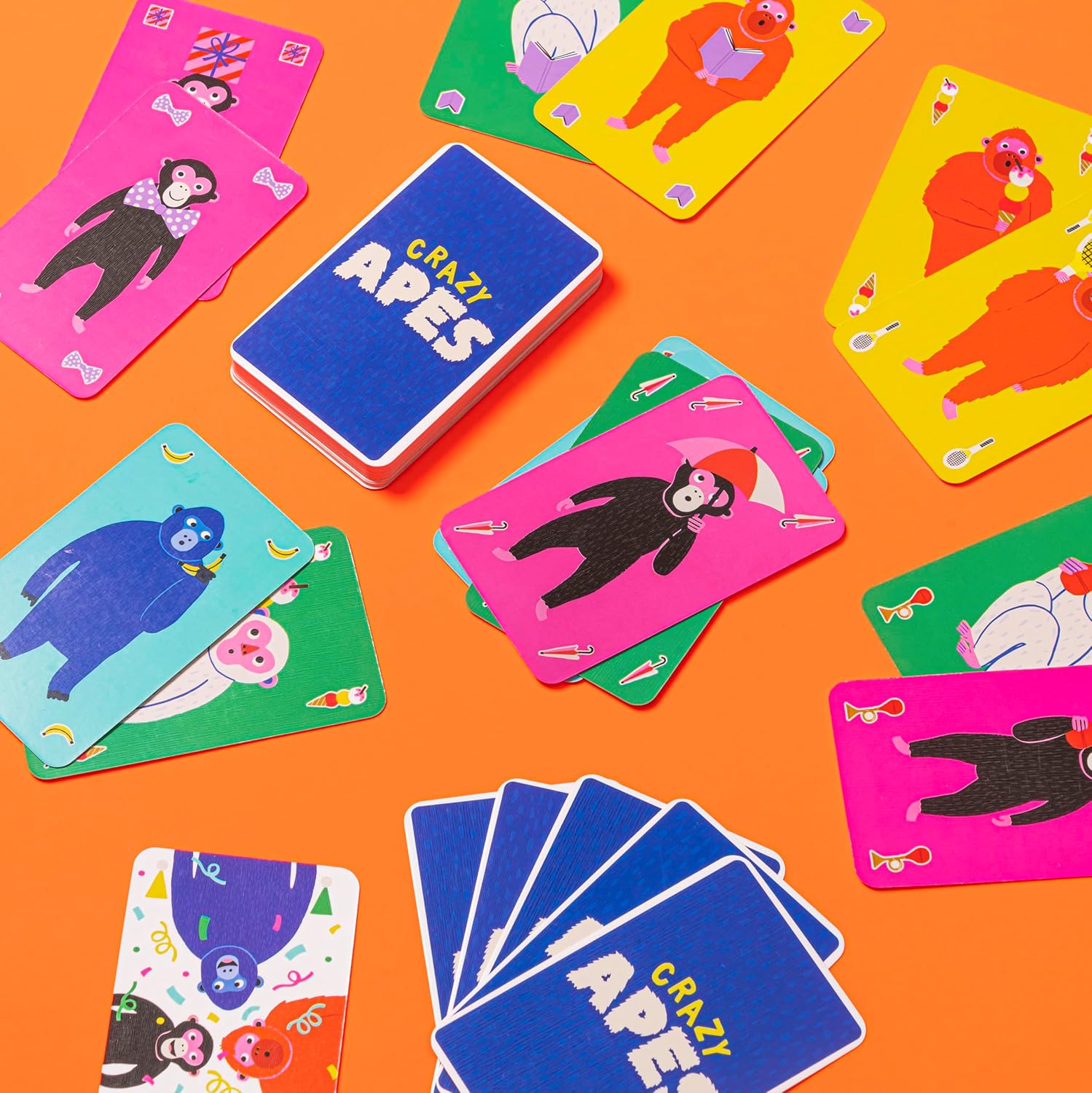 Colourful 'Crazy Apes' card game on an orange background