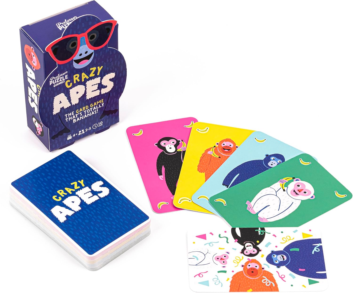 Card game packaging and cards titled 'Crazy Apes' on a white background