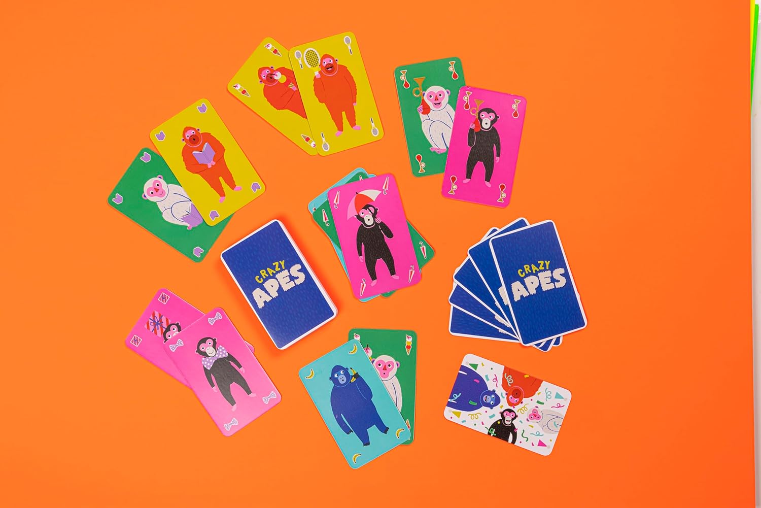 Colourful card game with cartoon characters on an orange background
