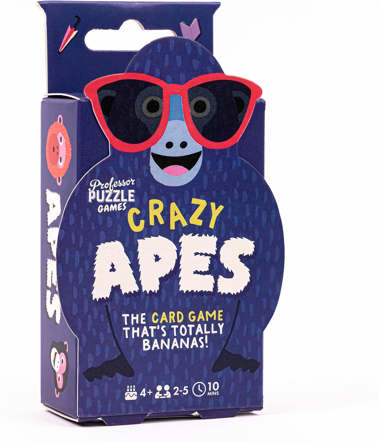 Card game box for 'Crazy Apes' with a monkey character wearing sunglasses on a blue background.