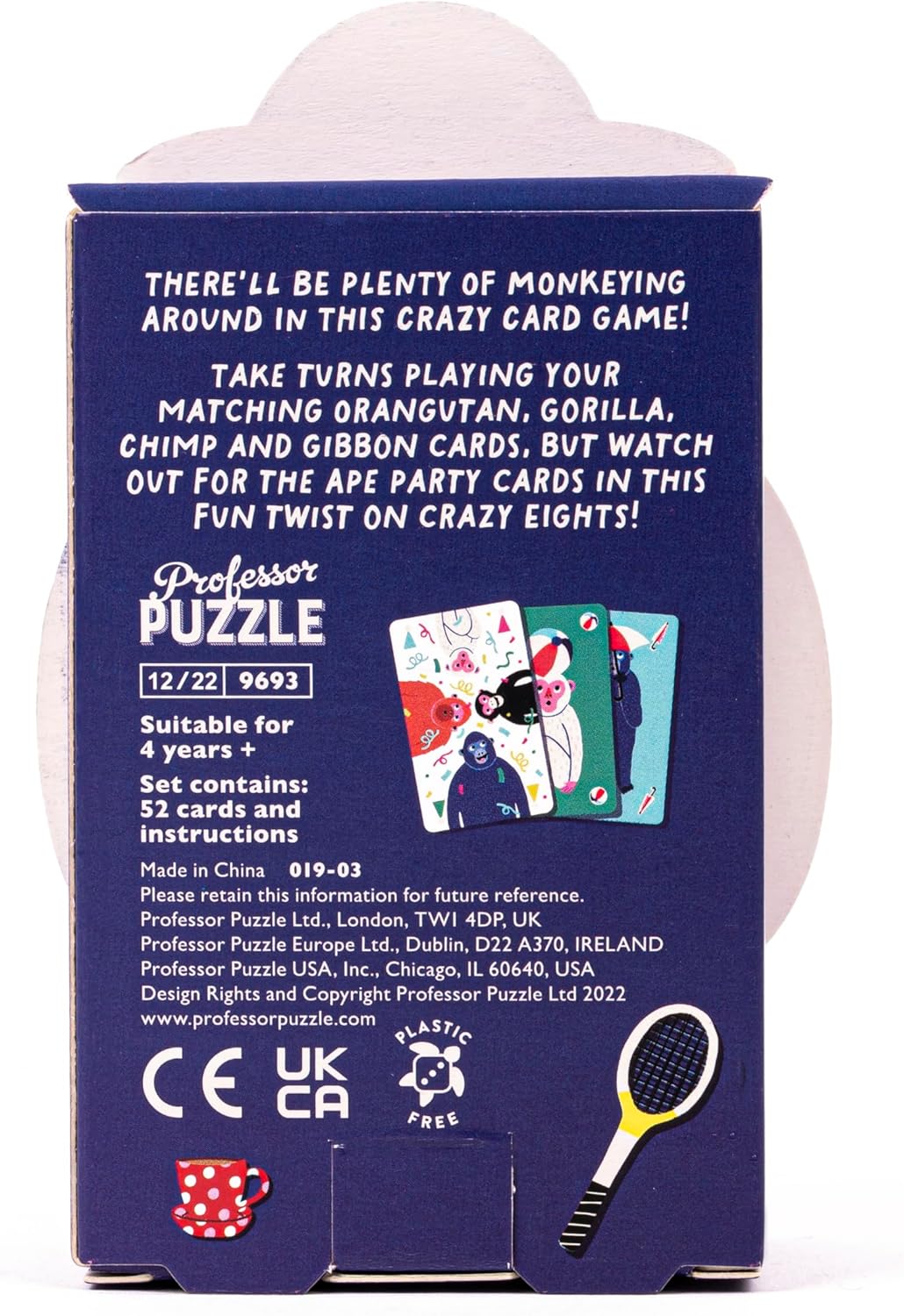 Back of a card game packaging with text and graphics on a white background