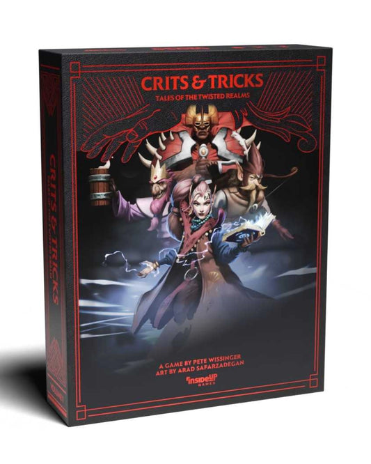 The box for the tabletop game 'Crits & Tricks: Tales of the Twisted Realm' is shown at a three-quarter angle on a white background. The box features dark red and black borders, with a detailed fantasy illustration of a character in a blue robe and others in red armor on the front cover.