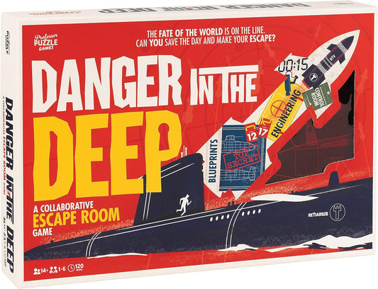 Danger in the Deep board game box cover picturing a submarine on a red background