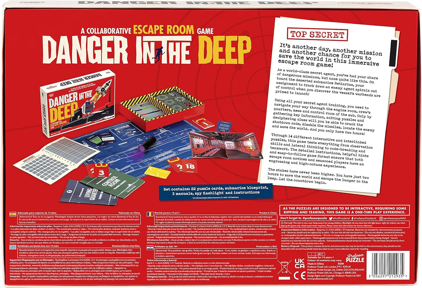 Danger in the Deep board game box back cover picturing game components on a red background