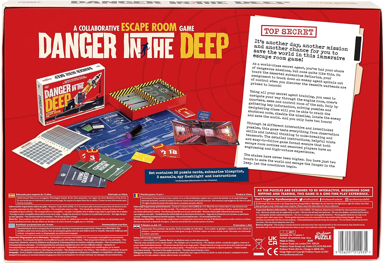 Danger in the Deep board game box back cover picturing game components on a red background