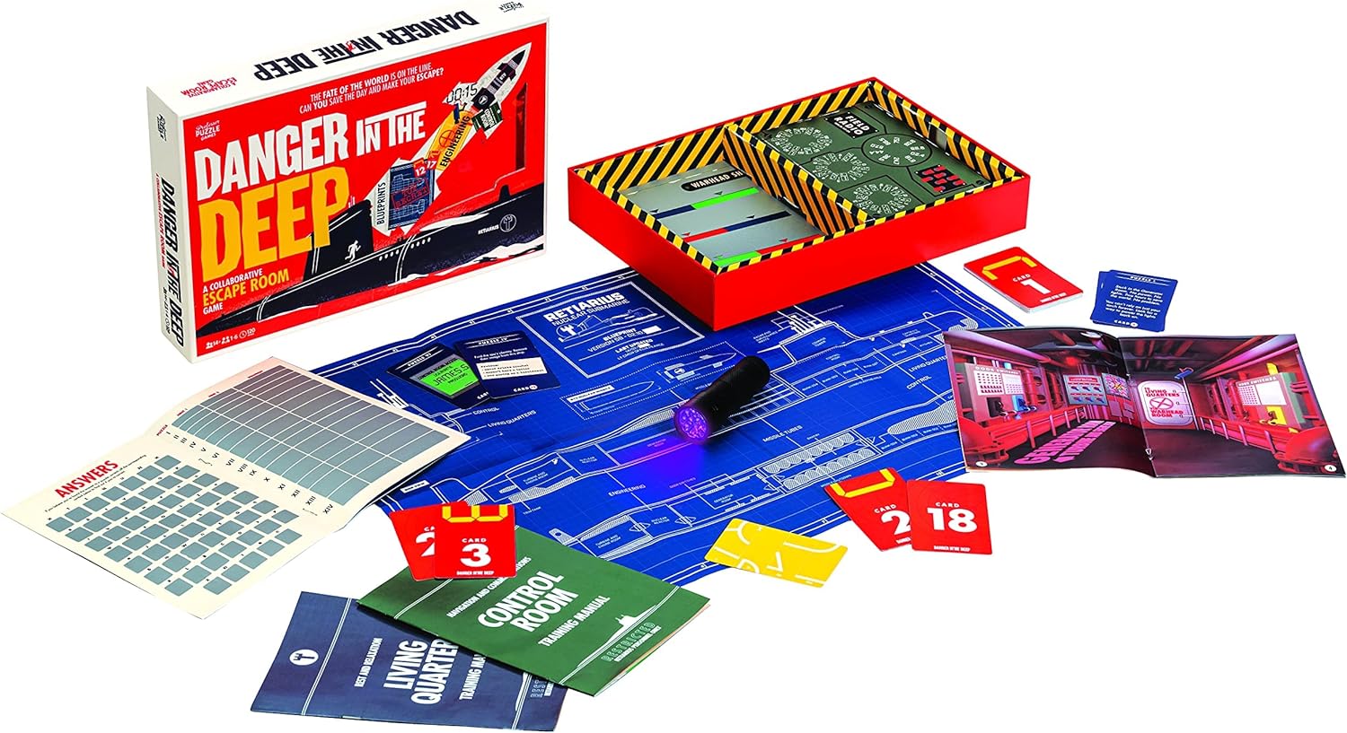 Danger in the Deep board game box contents on a white background