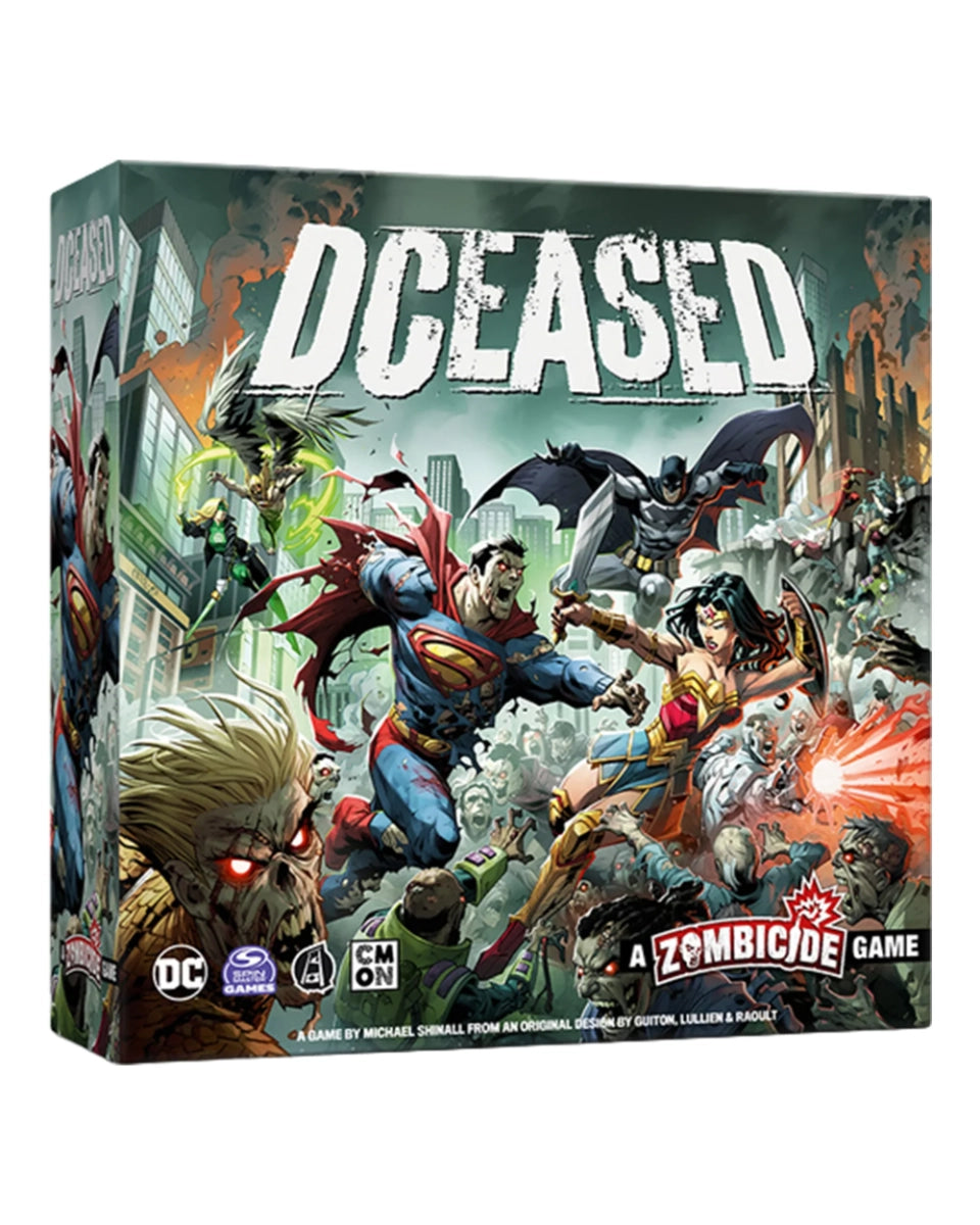 The board game box for 'Dceased: A Zombicide Game' featuring a highly detailed, colourful comic book illustration of Superman, Batman, Wonder Woman, and other DC characters battling zombies in a city setting.