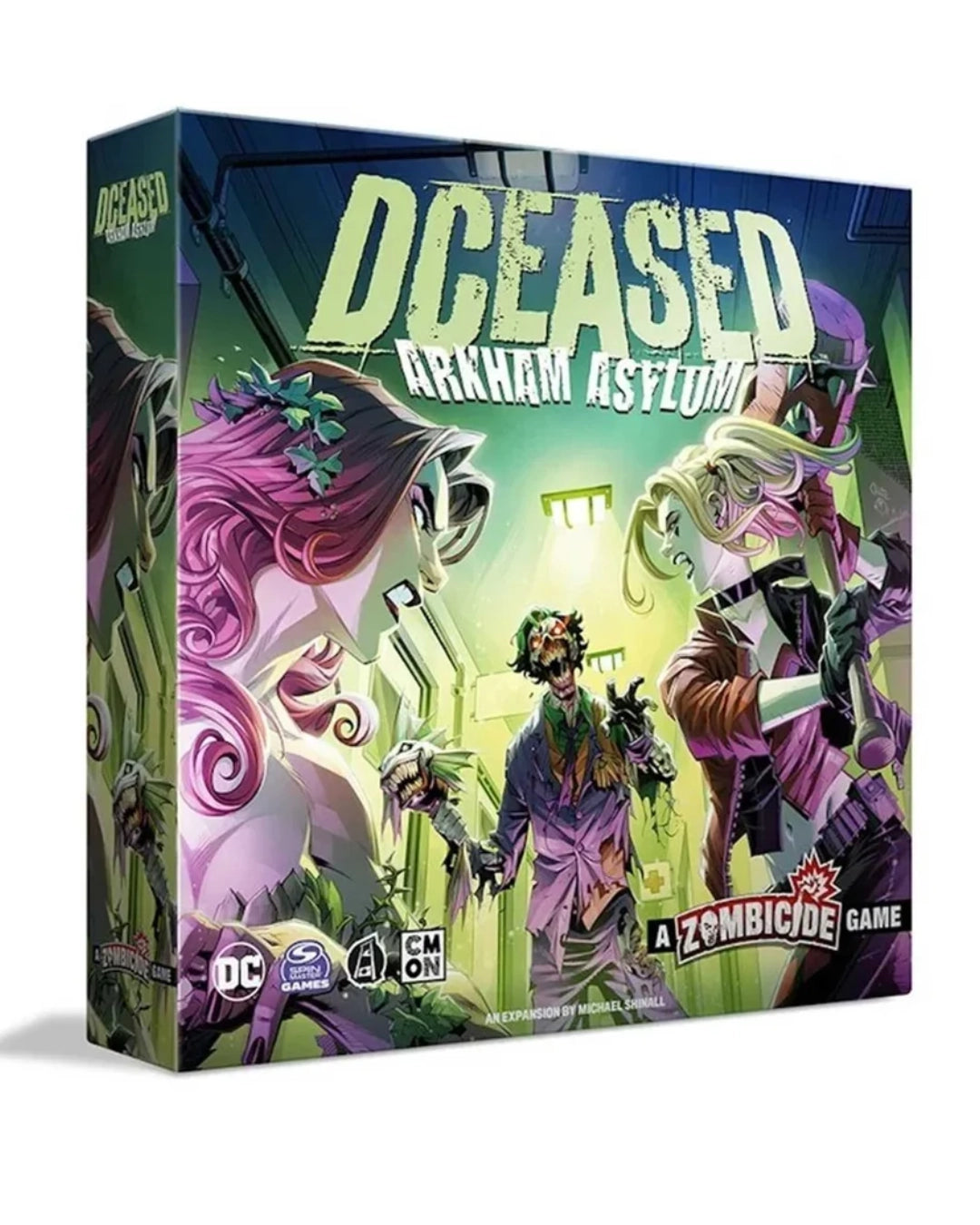 Board game box for 'DCEased: Arkham Asylum' featuring colourful comic-style artwork of characters in a neon green and purple asylum setting, with DC, Marvel, and CM logos visible at the bottom.