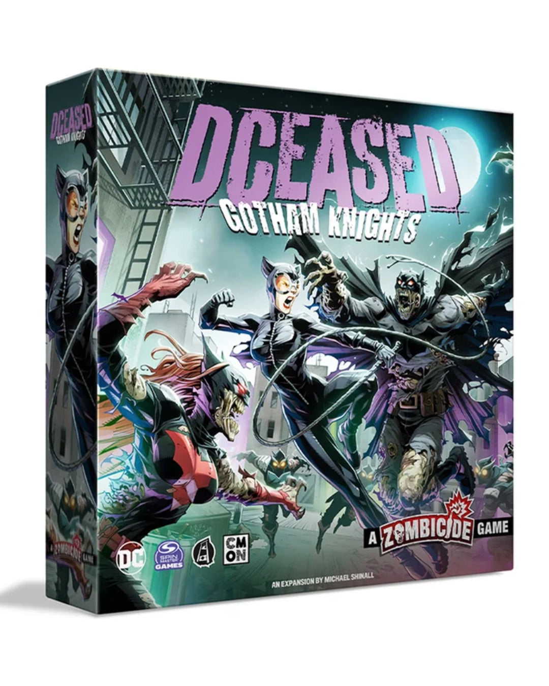 DCEased: Gotham Knights board game box shown at a three-quarter angle on a plain white background. The box art features illustrated Gotham City elements and several comic-style characters in dark costumes, with the title 'DCEASED' in large pink letters and 'Gotham Knights' below it.