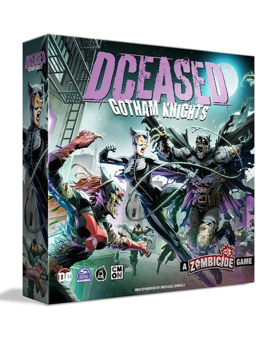 DCEased: Gotham Knights board game box shown at a three-quarter angle on a plain white background. The box art features illustrated Gotham City elements and several comic-style characters in dark costumes, with the title 'DCEASED' in large pink letters and 'Gotham Knights' below it.