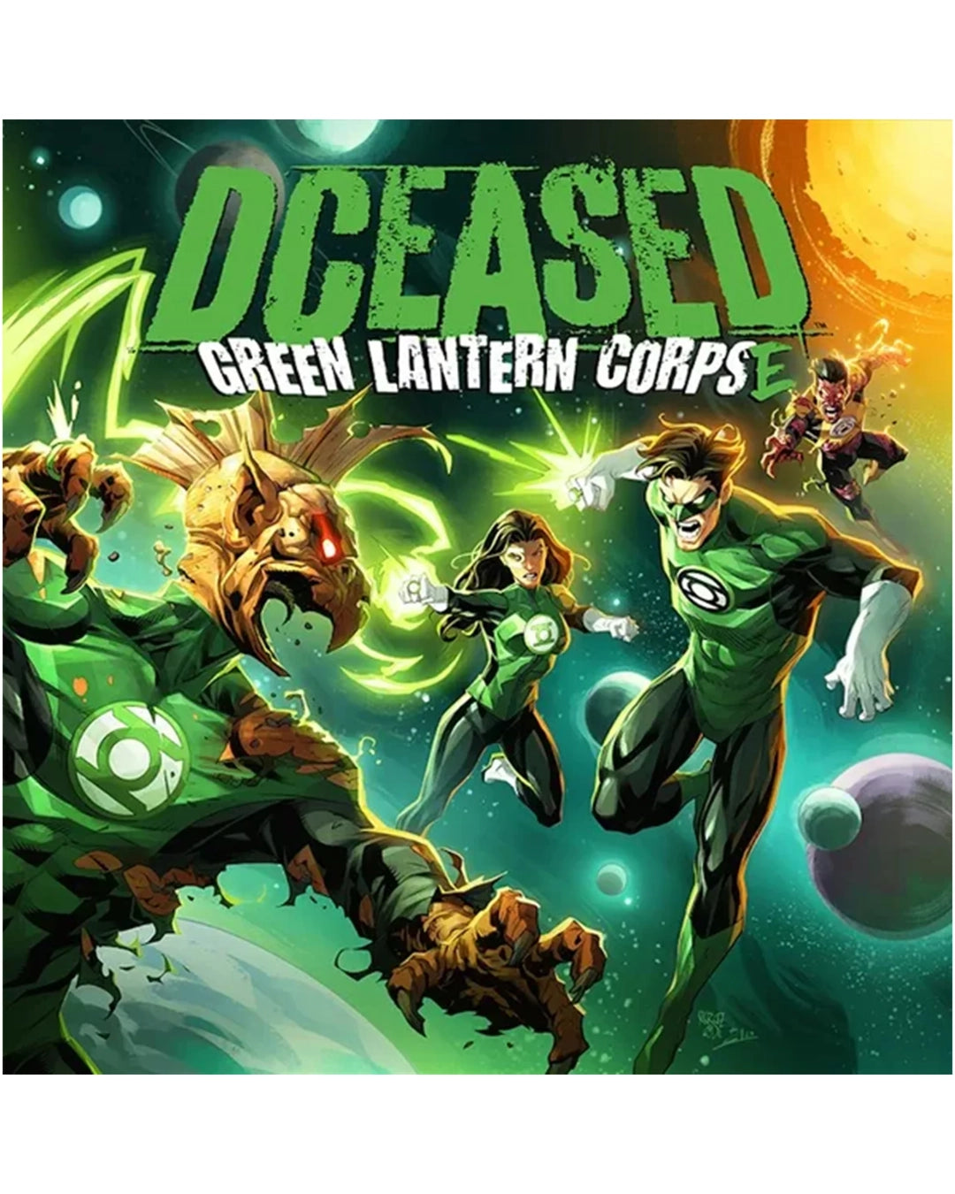 Board game cover art for 'Dceased Green Lantern Corps' showing several Green Lantern characters in space with planets and a bright green title at the top.