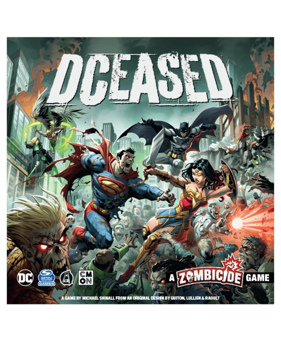 Front cover of the board game 'DCEased: A Zombicide Game' featuring a dynamic comic-style illustration of Superman, Batman, Wonder Woman, and other DC characters battling zombies in a city scene.