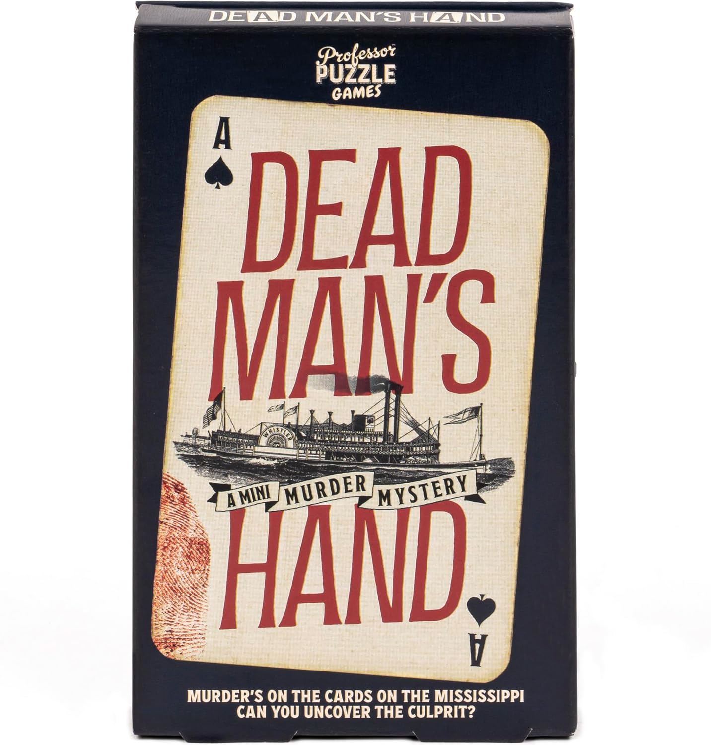 A boxed game titled 'Professor Puzzle's Dead Man's Hand Mini Mystery Game' with a vintage style card design and a graphic of a steamboat on the Mississippi River.