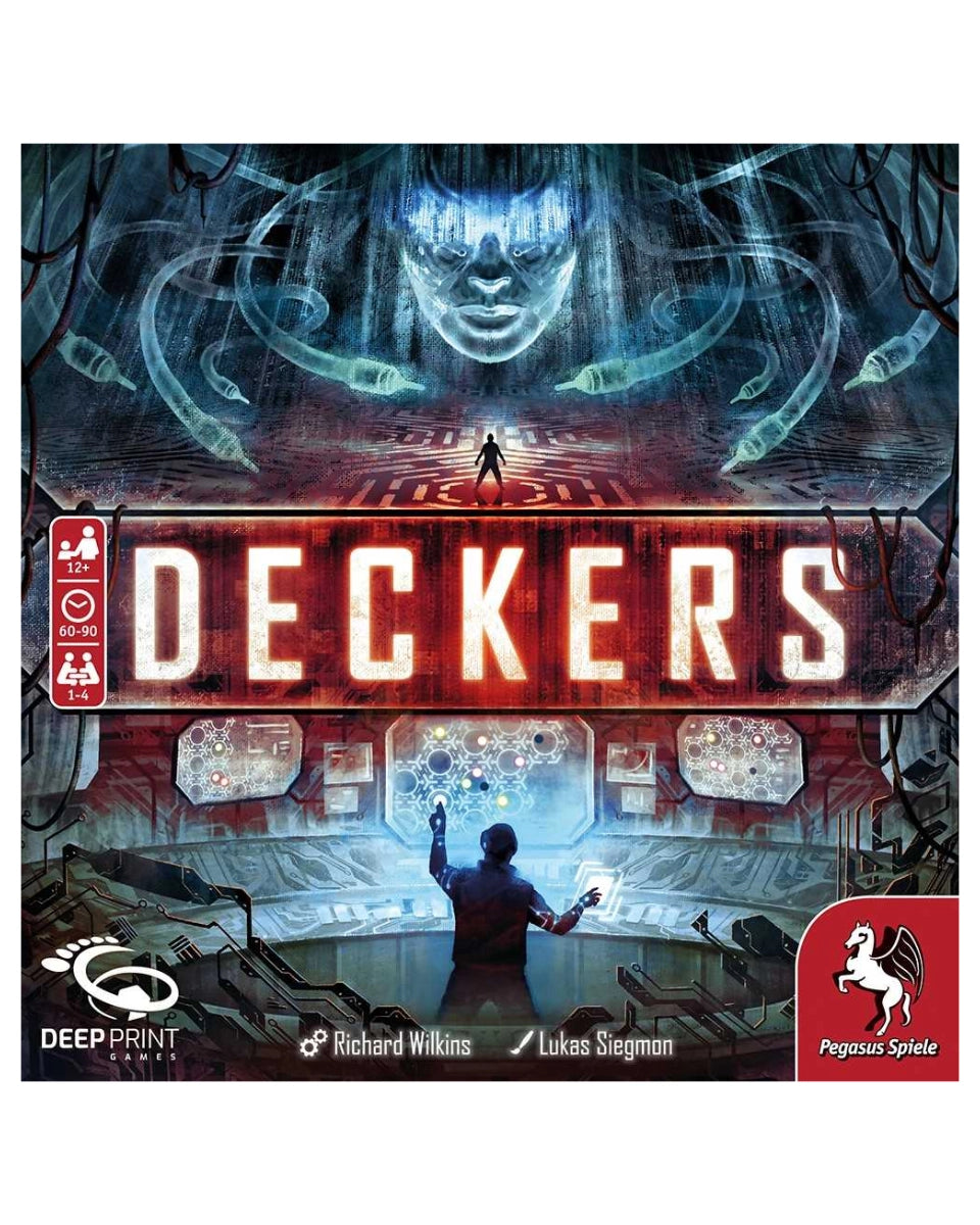 Front cover of the board game Deckers, featuring a dark sci-fi illustration with a large glowing face, a small figure standing in a futuristic city, and the title 'DECKERS' in large red letters. Visible branding includes Deep Print Games and Pegasus Spiele.