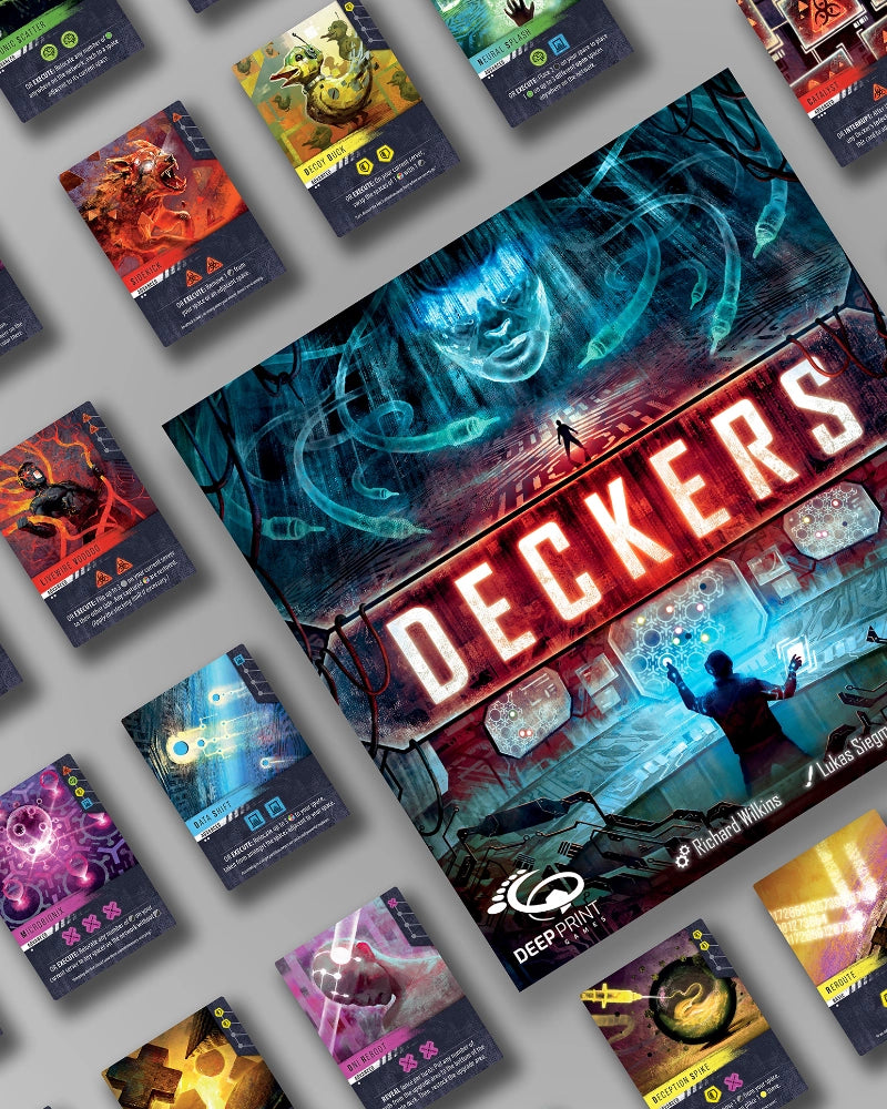 The board game box for 'Deckers' by Deep Print Games and Pegasus Spiele is displayed diagonally, surrounded by several colourful character cards on a neutral gray background.