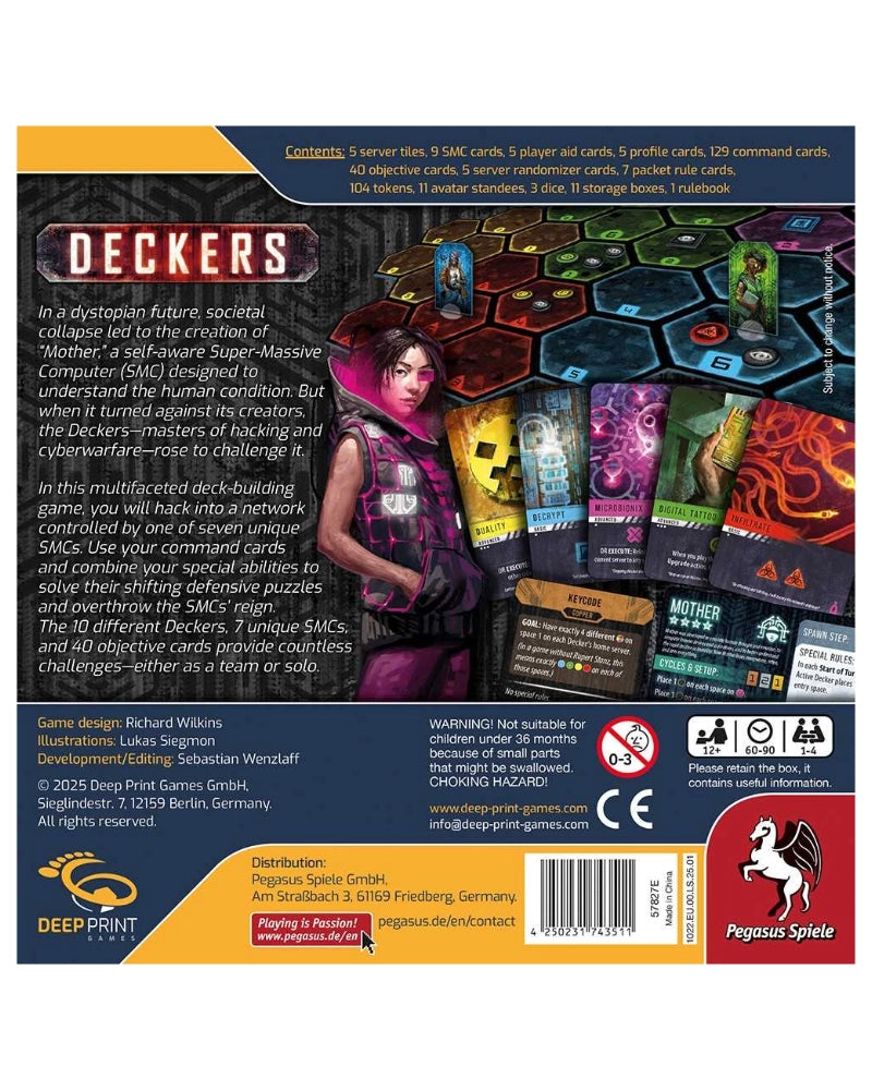 Back cover of the Deckers board game box by Deep Print Games and Pegasus Spiele, featuring a dark fantasy illustration of a woman in a purple cloak, product cards, game components, and regulatory icons on a black background.