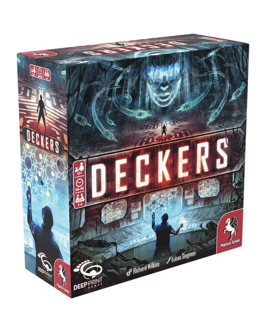 The board game box for 'Deckers' by Deep Point Games and Pegasus Spiele, featuring a dark sci-fi illustration with a giant face, glowing blue energy effects, and silhouettes of characters holding lights.