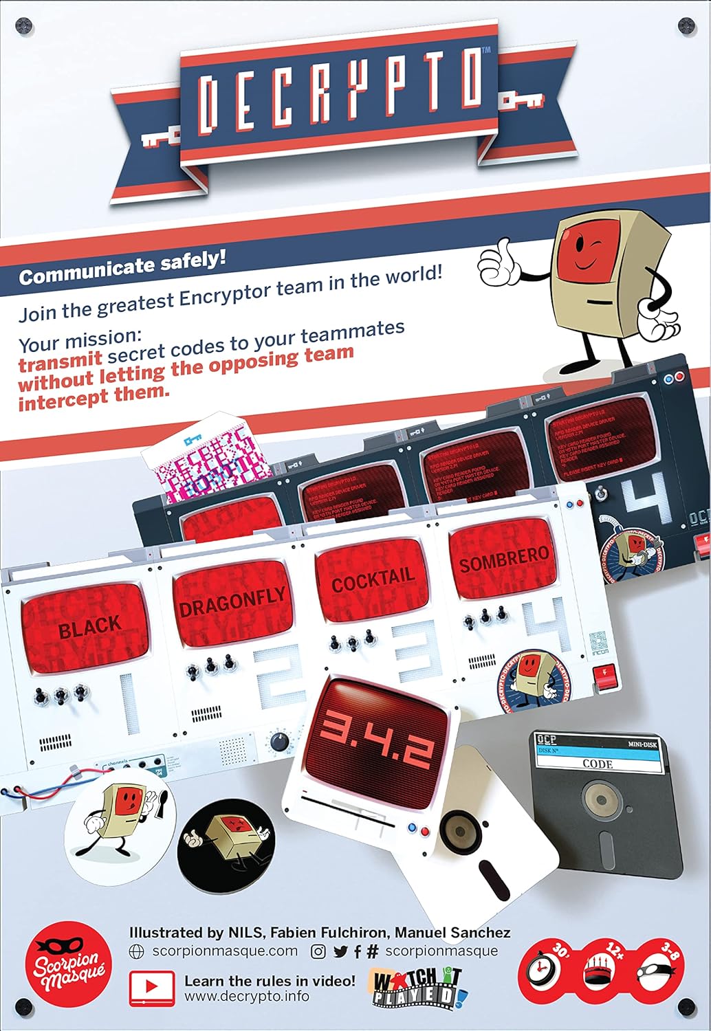Decrypto the board game rear of box with encryption-themed graphics and text