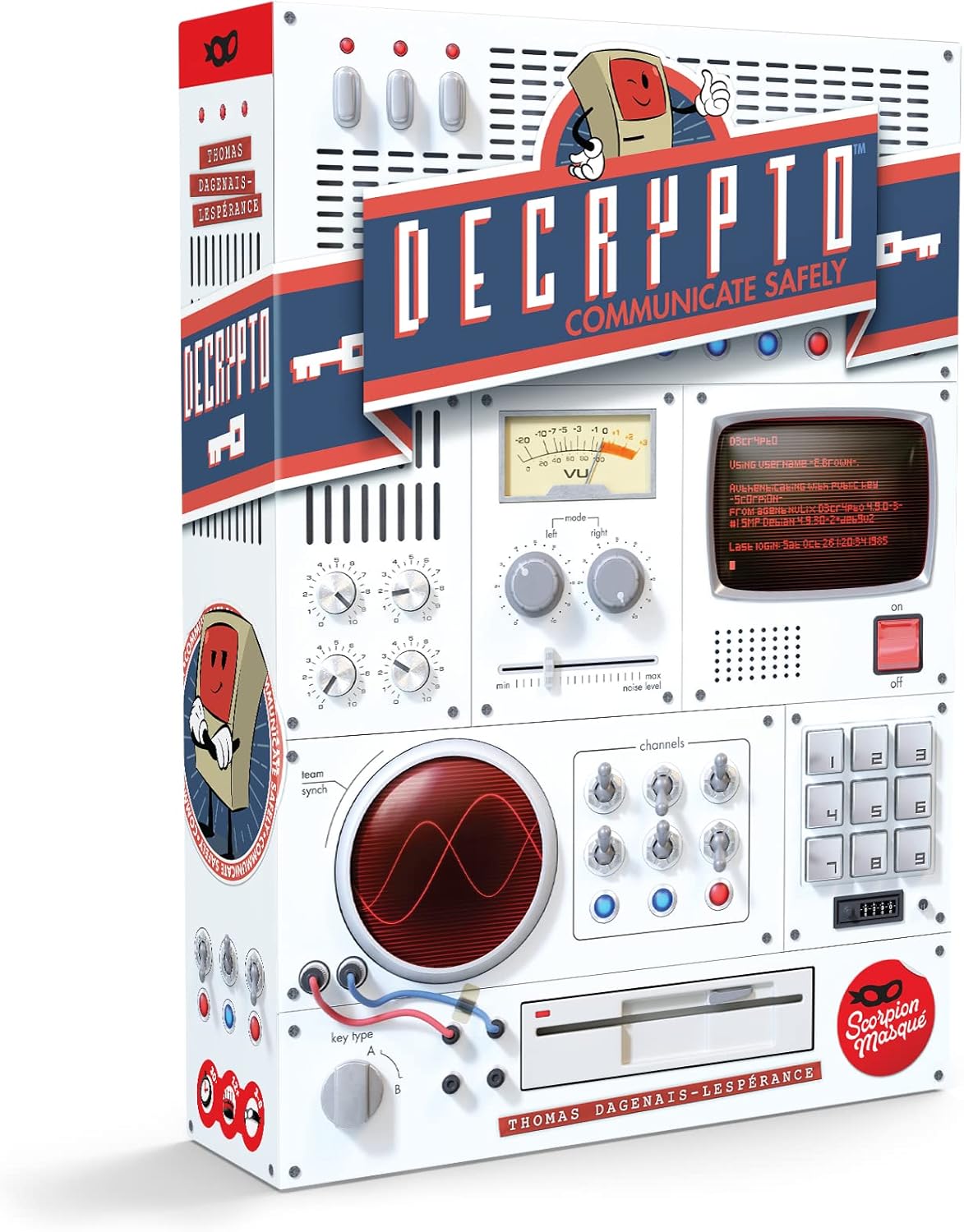Decrypto the board game packaging with retro design elements.