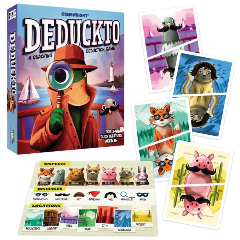 Deduckto deduction game set with box, cards, and game pieces on a white background