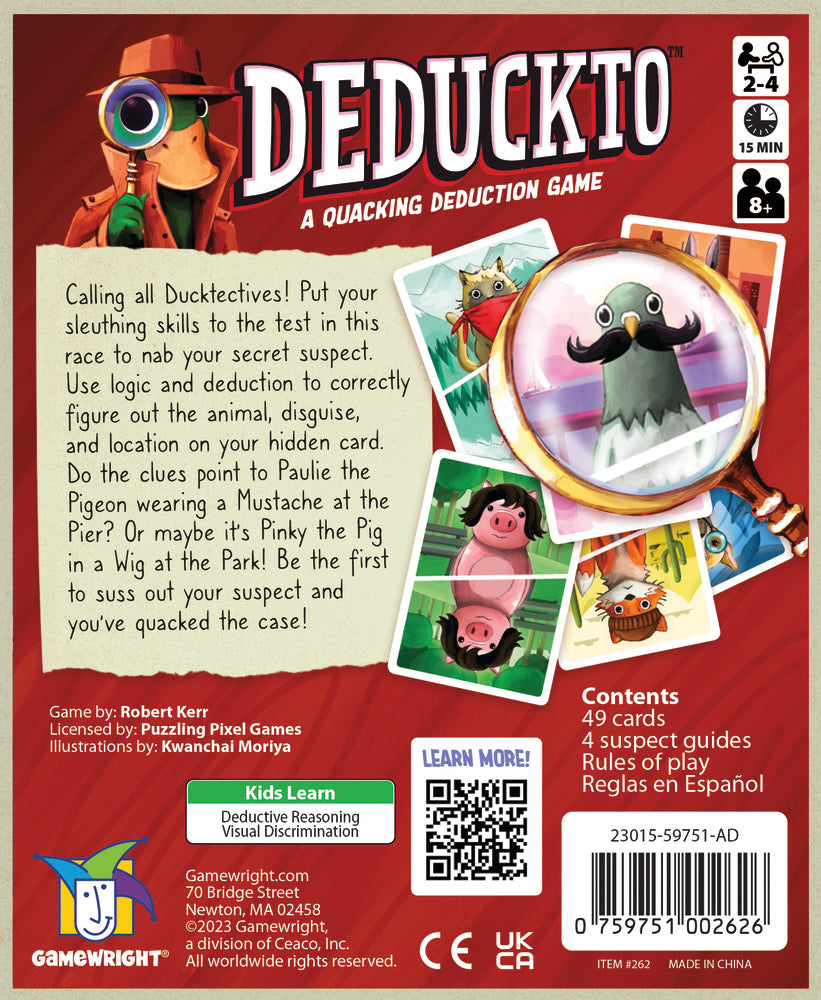 Back cover of the Deduckto game packaging with game components and text.