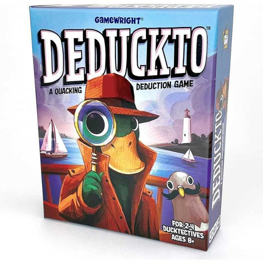 Board game box for 'Deduckto' by Gamewright with a duck character and lighthouse illustration.