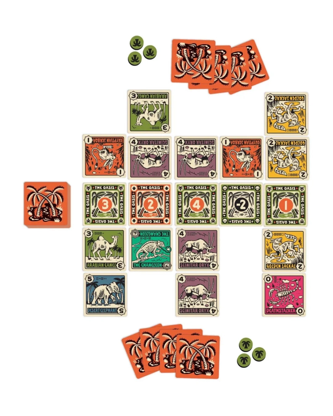 Desperate Oasis Tactical Card Game set of illustrated animal-themed cards and game pieces arranged on a plain white background. The layout includes multiple orange-backed cards with colorful animal illustrations, several green circular tokens, and a small orange box with palm tree artwork.