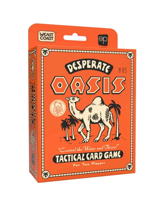 Desperate Oasis Tactical Card Game box by West Coast Games, featuring a bright orange design with a camel illustration and retro-style typography.