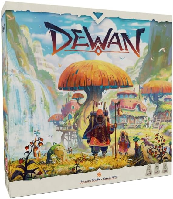 Board game box titled 'Dewan' with colorful illustration of a character and mushroom houses.