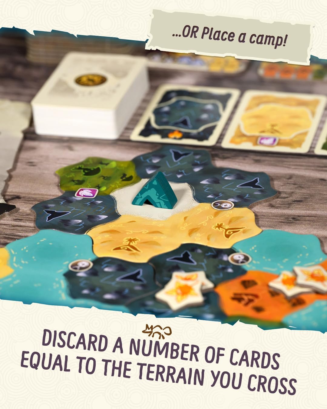 Board game setup with hexagonal tiles and cards on a wooden surface, featuring text instructions.