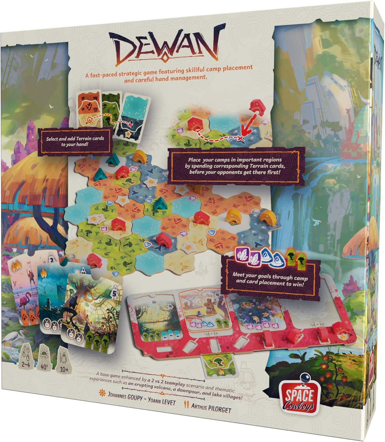 Board game packaging for 'Dewan' with colorful illustrations and game components.