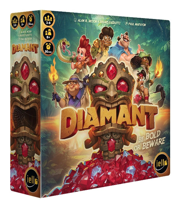 Board game box for 'Diamant' with colourful graphics and characters on a white background
