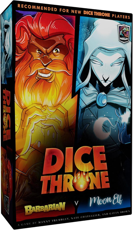 Dice Throne game box with Barbarian and Moon Elf characters on a black background
