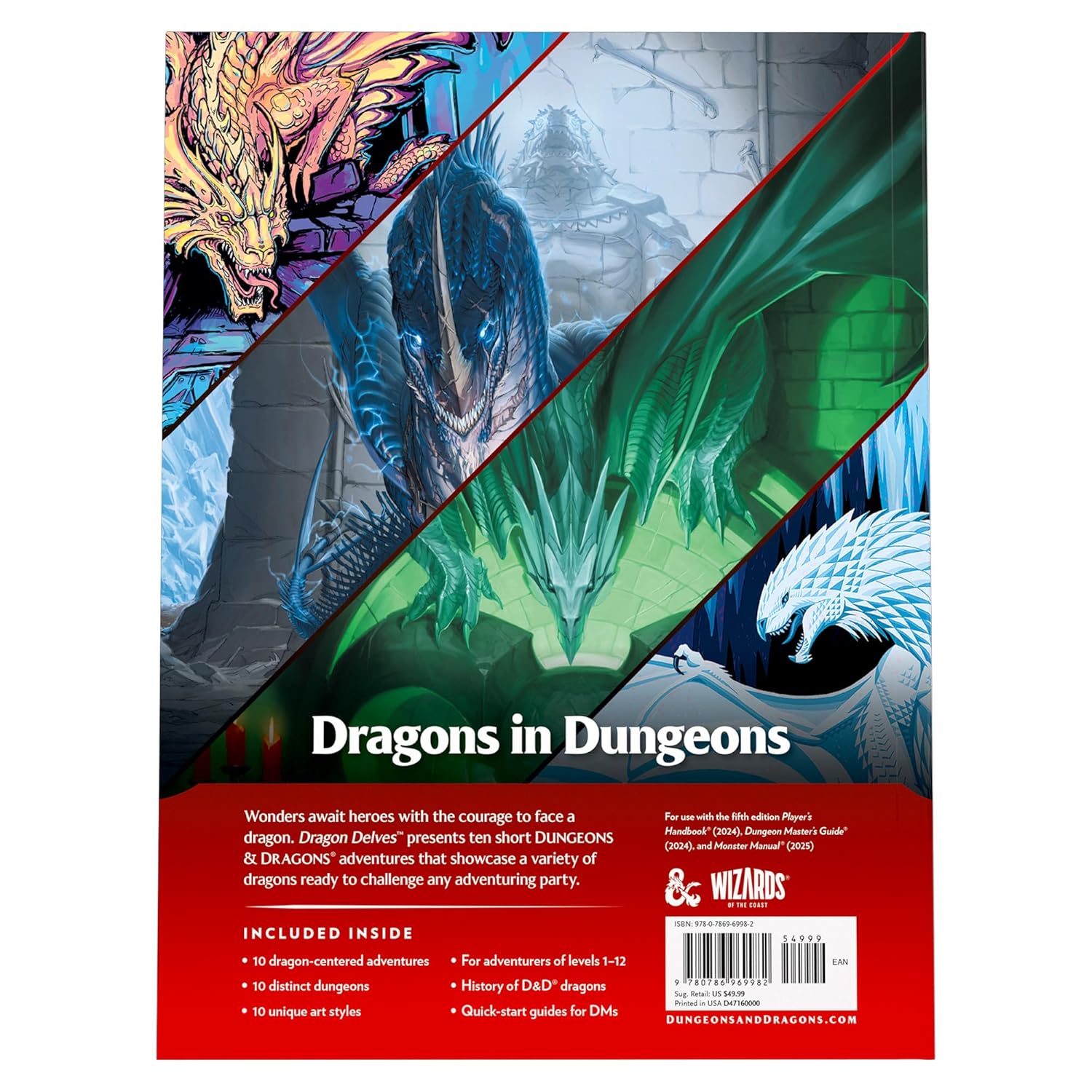 Back cover of a Dungeons & Dragons book featuring dragons and game information.