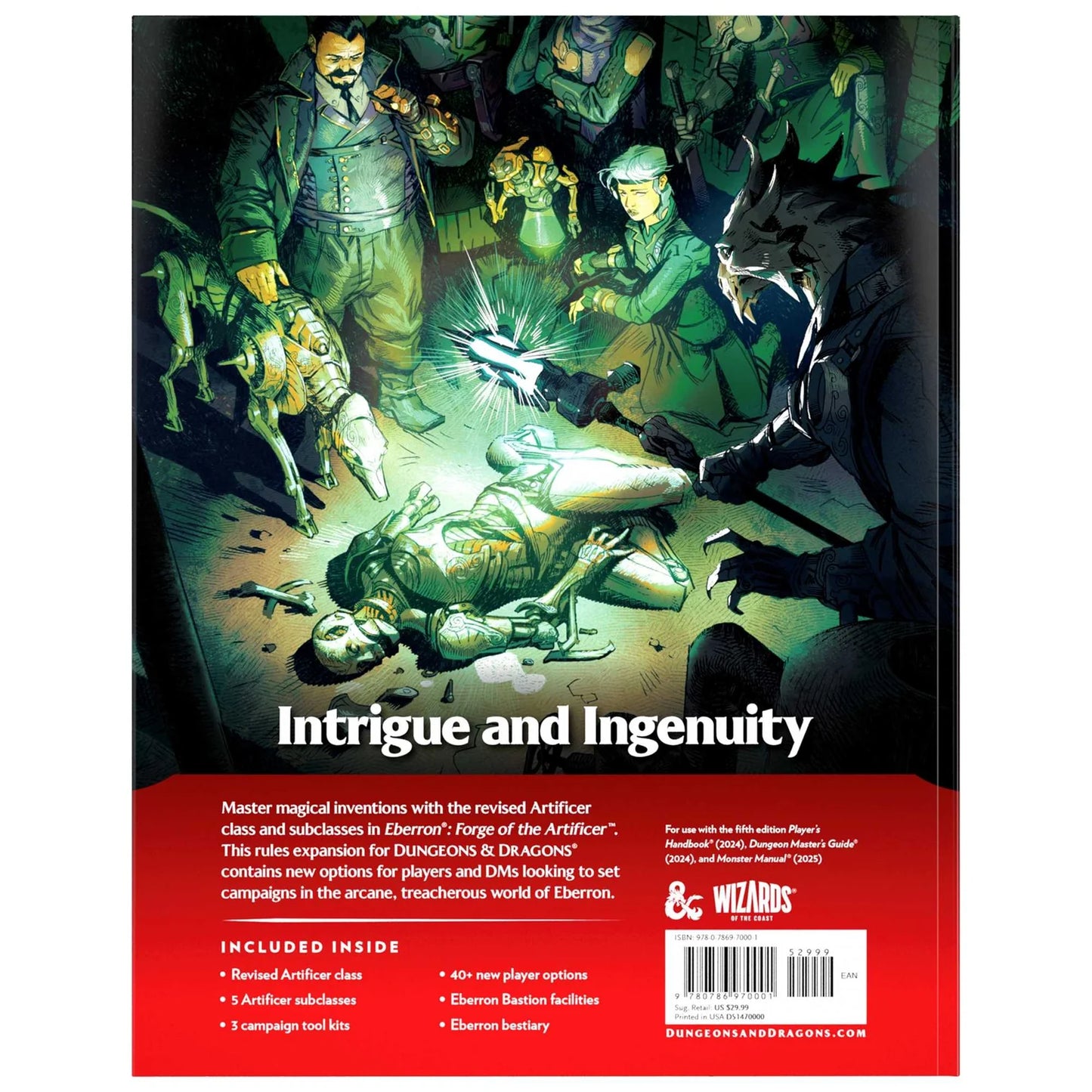 Book cover featuring a fantasy illustration and text about 'Intrigue and Ingenuity' from Wizards of the Coast.