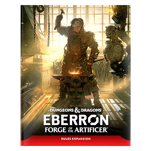 Dungeons & Dragons Eberron Forge of the Artificer rules expansion book cover with a character forging armor.