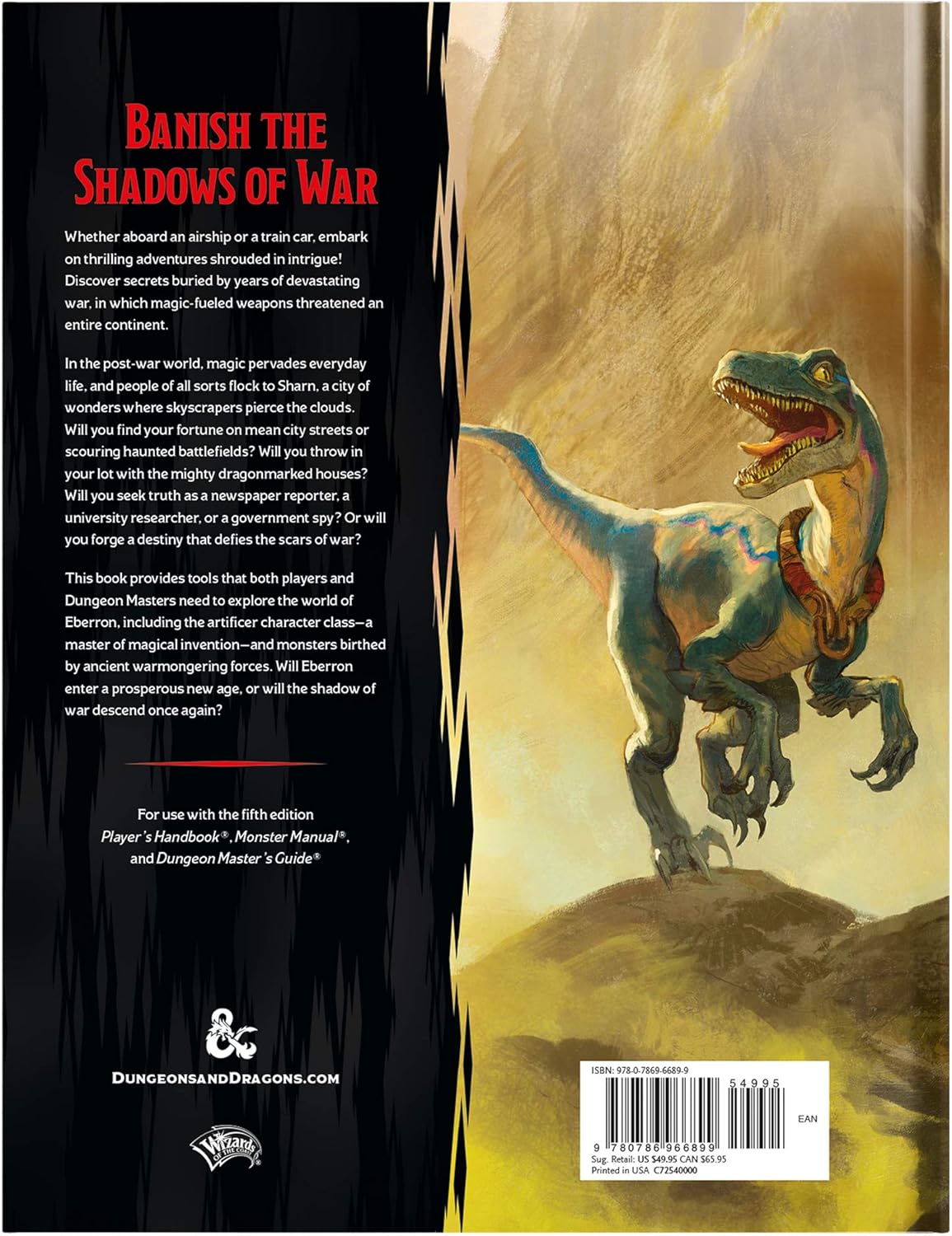Dinosaur on a mountain with text about 'Banish the Shadows of War' on the back cover of this dnd book