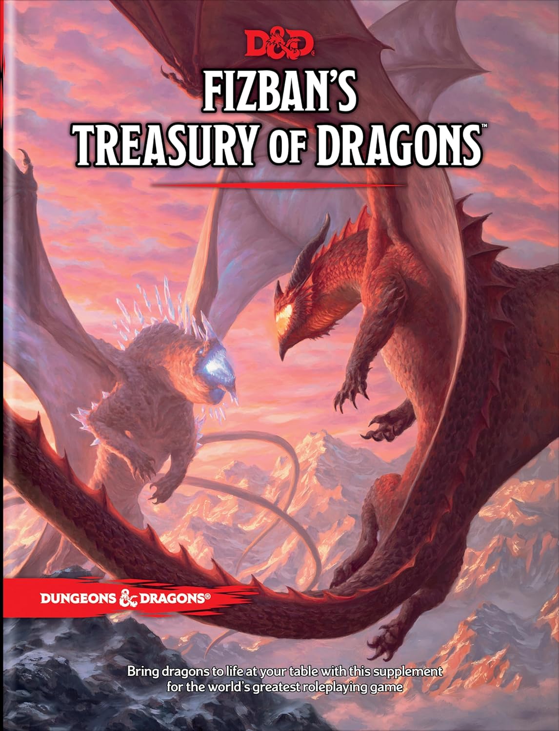 Dungeons and Dragons Book Fizban's Treasury of Dragons by Wizards of the Coast, with two dragons pictured in a mountain scene