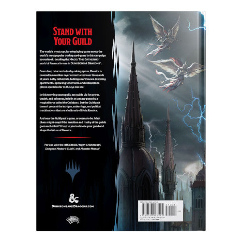 Back cover of a Dungeons & Dragons book with gothic architecture and dragons illustration.