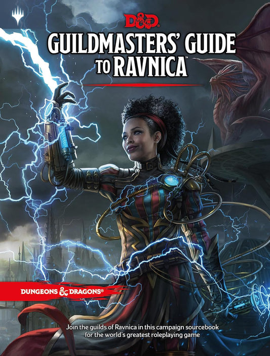 Cover art of the Dungeons & Dragons: Guildmasters Guide to Ravnica, featuring an illustrated character in a dynamic pose with lightning and a cityscape background.