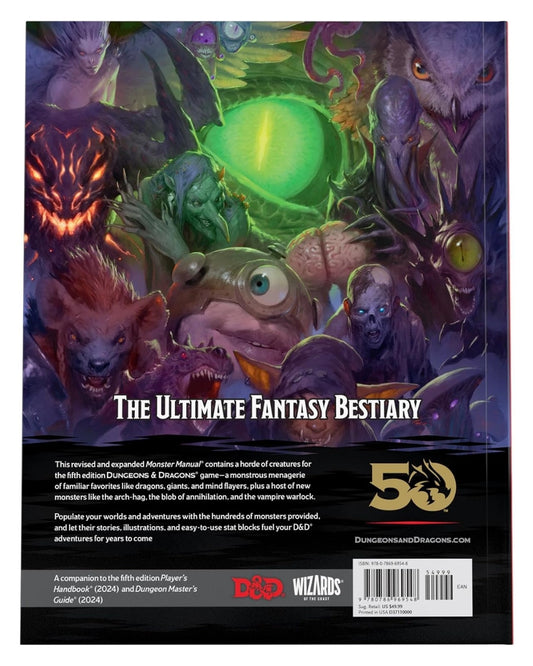 Back cover of Dungeons & Dragons Monster Manual book cover with text 'The Ultimate Fantasy Bestiary ', featuring a colourful fantasy illustration of various monsters and creatures with a green glowing orb. The bottom section contains product description text, a 50th anniversary logo, D&D and Wizards branding, and a barcode on a black background.