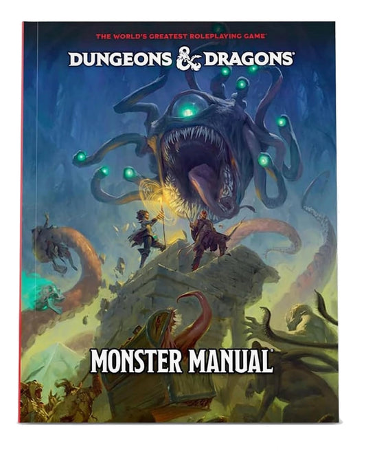 Dungeons & Dragons Monster Manual book cover featuring a dramatic fantasy illustration of a giant multi-headed monster with glowing green eyes, with adventurers standing on a rock formation below. The title 'DUNGEONS & DRAGONS' is at the top, and 'MONSTER MANUAL' is at the bottom.