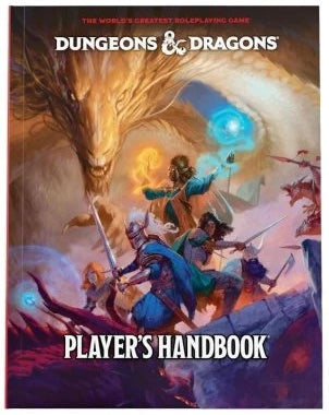 Dungeons & Dragons Player's Handbook cover with fantasy illustration of characters and dragon.