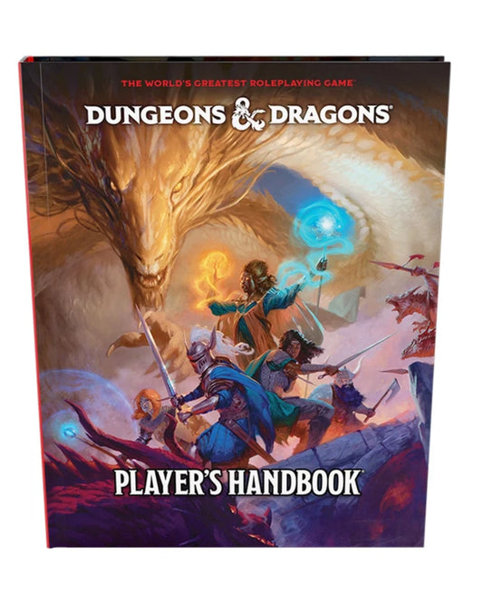 Dungeons and dragons players handbook by wizards of the coast. with a fantasy scene with knights and dragon illustrations